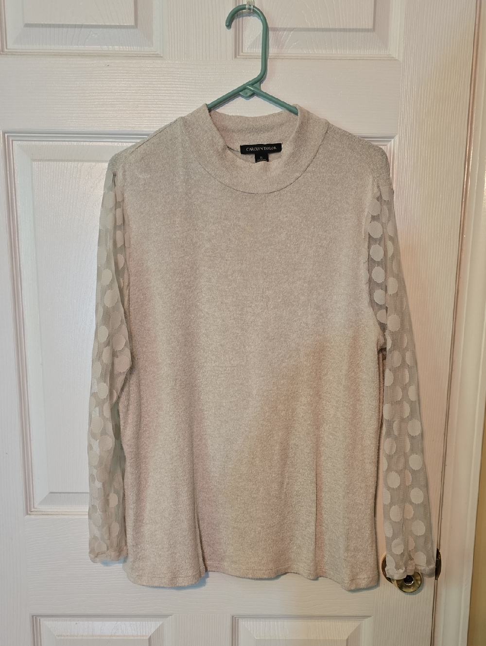 Carolyn Taylor Cream Pullover Sweater with Sheer Polka Dot Sleeves